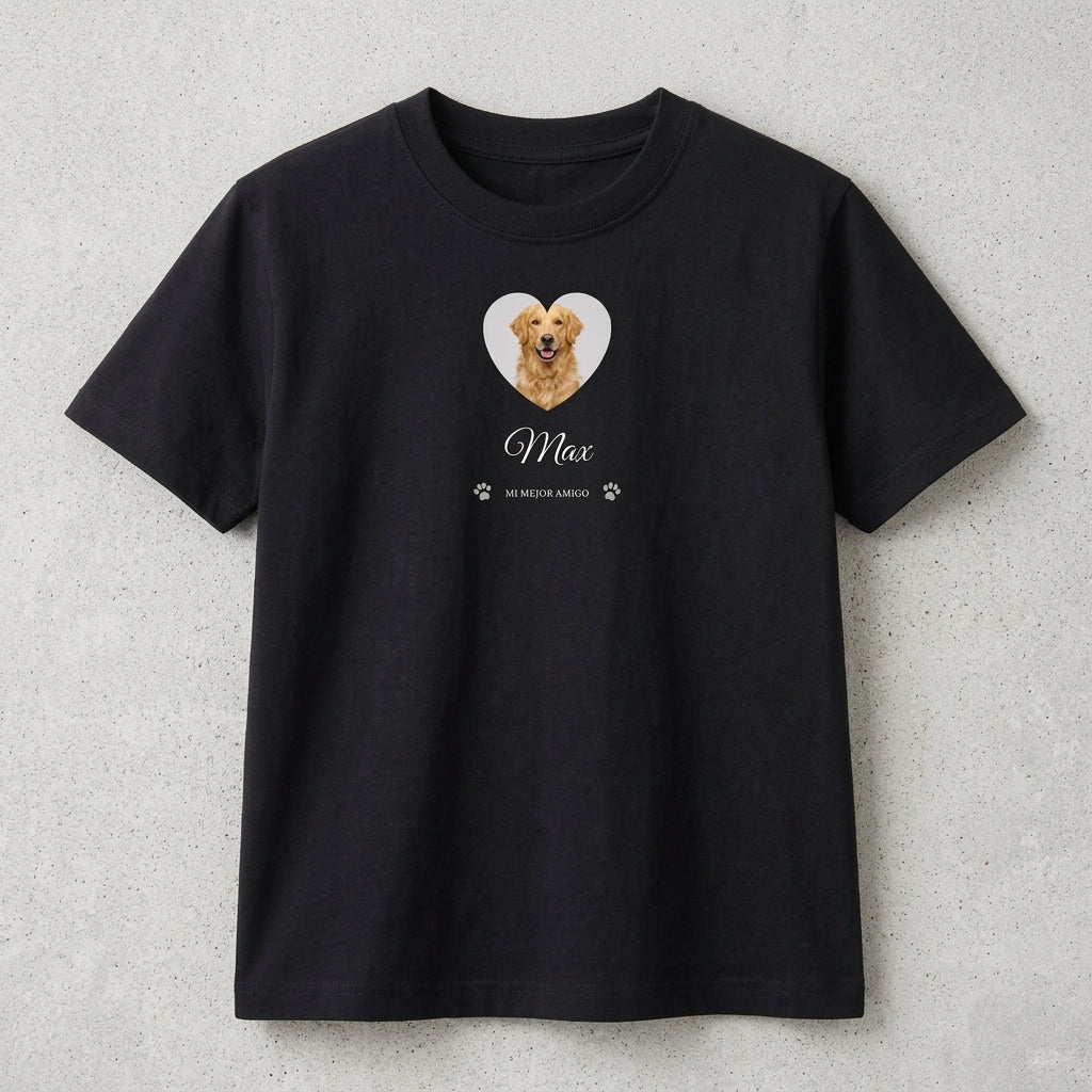 Camiseta personalizada de mascota en negro, con la foto del perro en un corazón