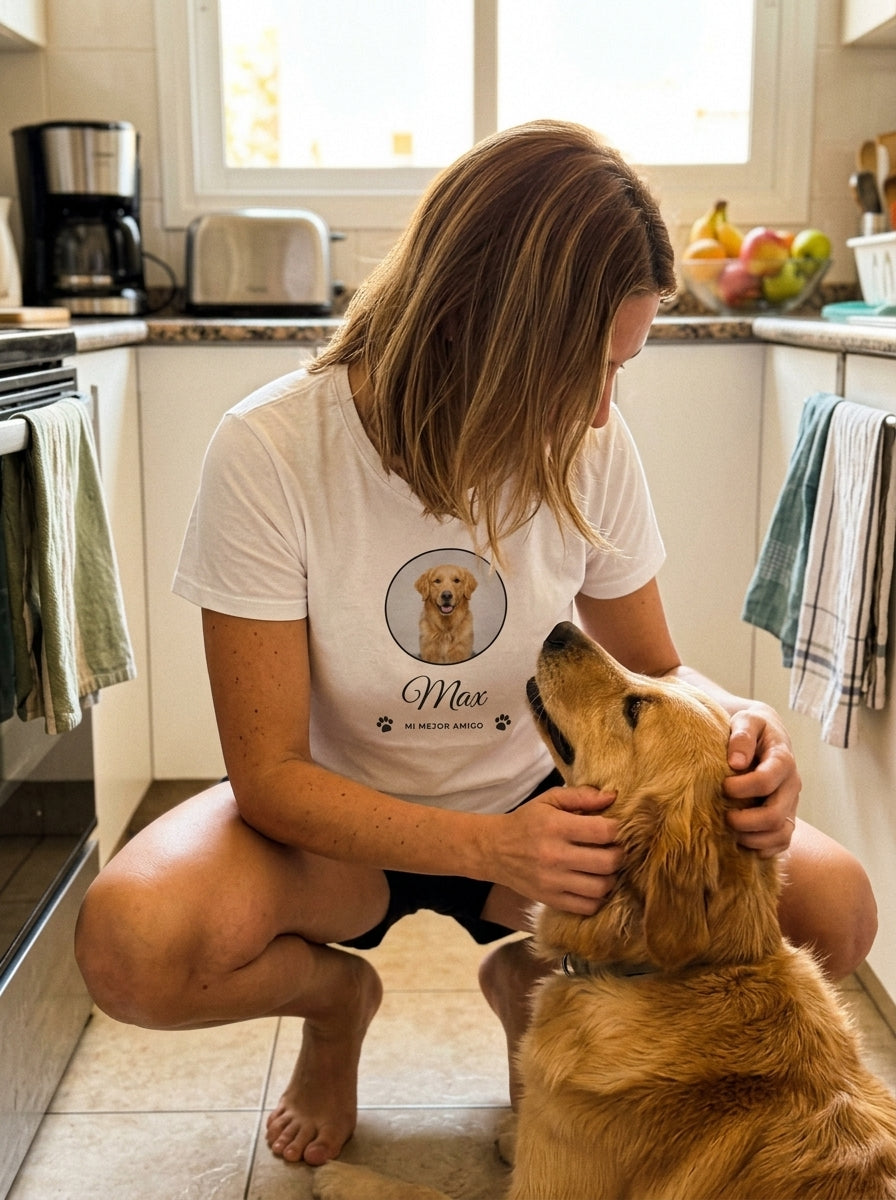 Mujer con la camiseta personalizada de su perro acariciando a un golden retriever en casa