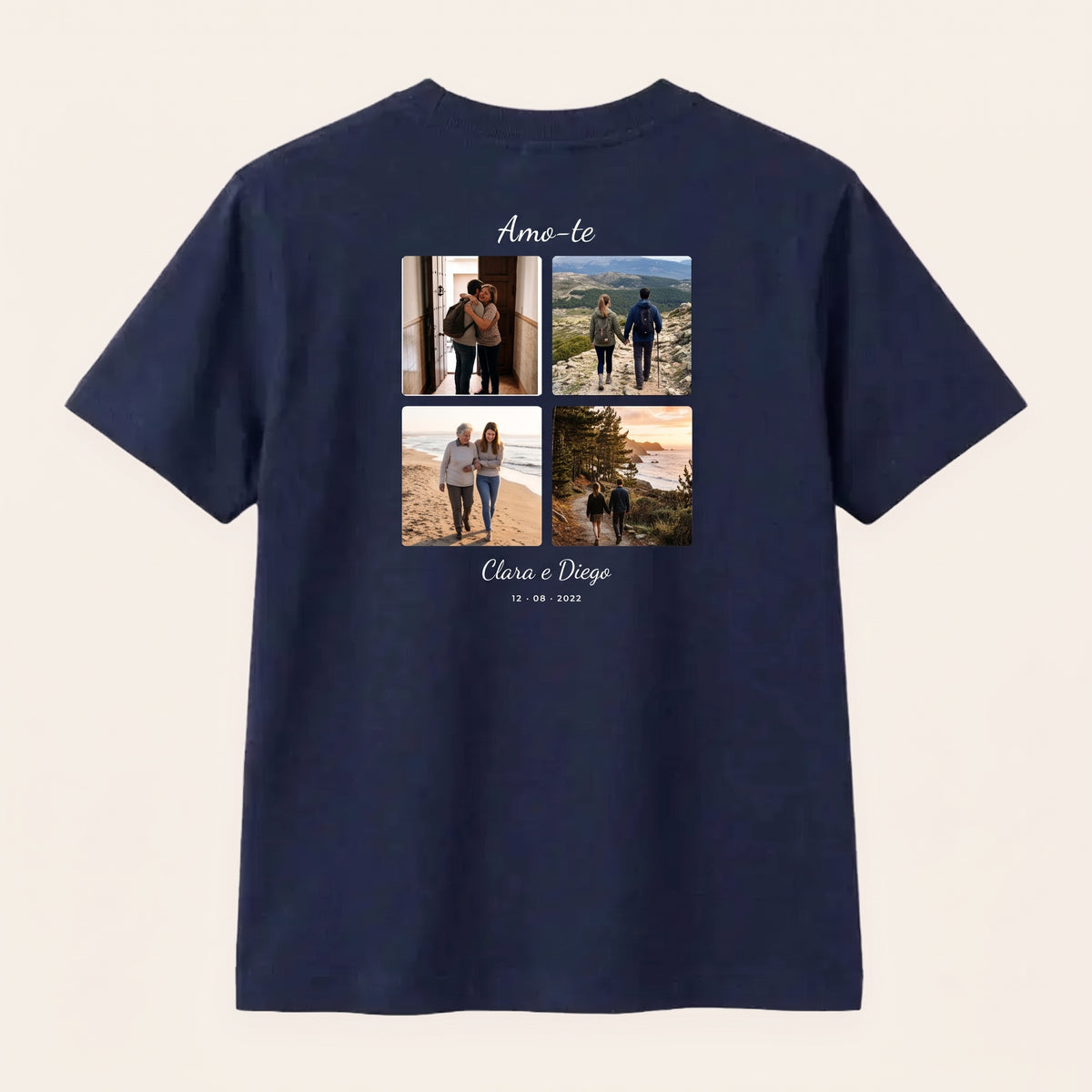 Camiseta azul marino personalizada con un collage con vuestras fotos, estampado en la espalda