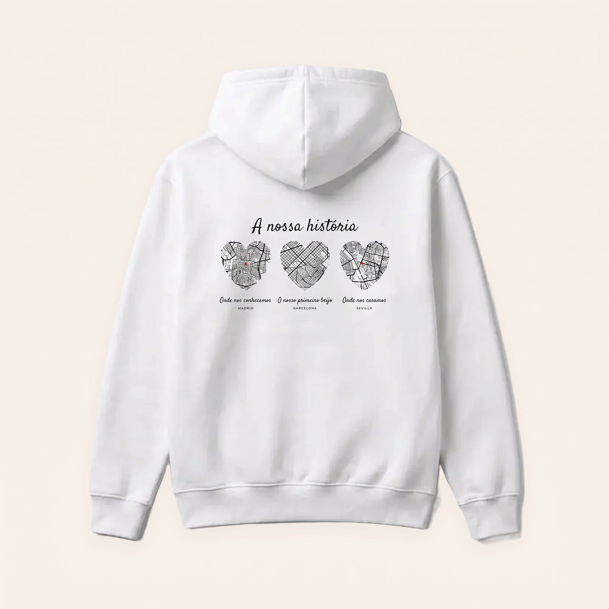 Sudadera blanca con capucha personalizada con tres lugares en el mapa, estampado en la espalda