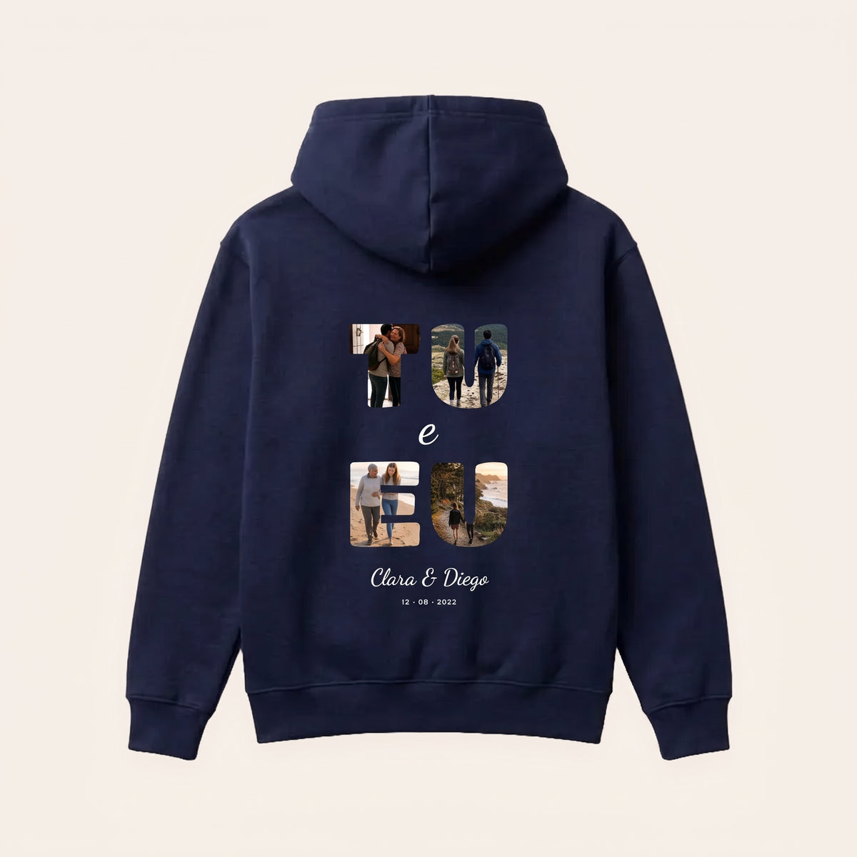 Sudadera azul marino con capucha personalizada con vuestras fotos y «Tú y yo», estampado en la espalda