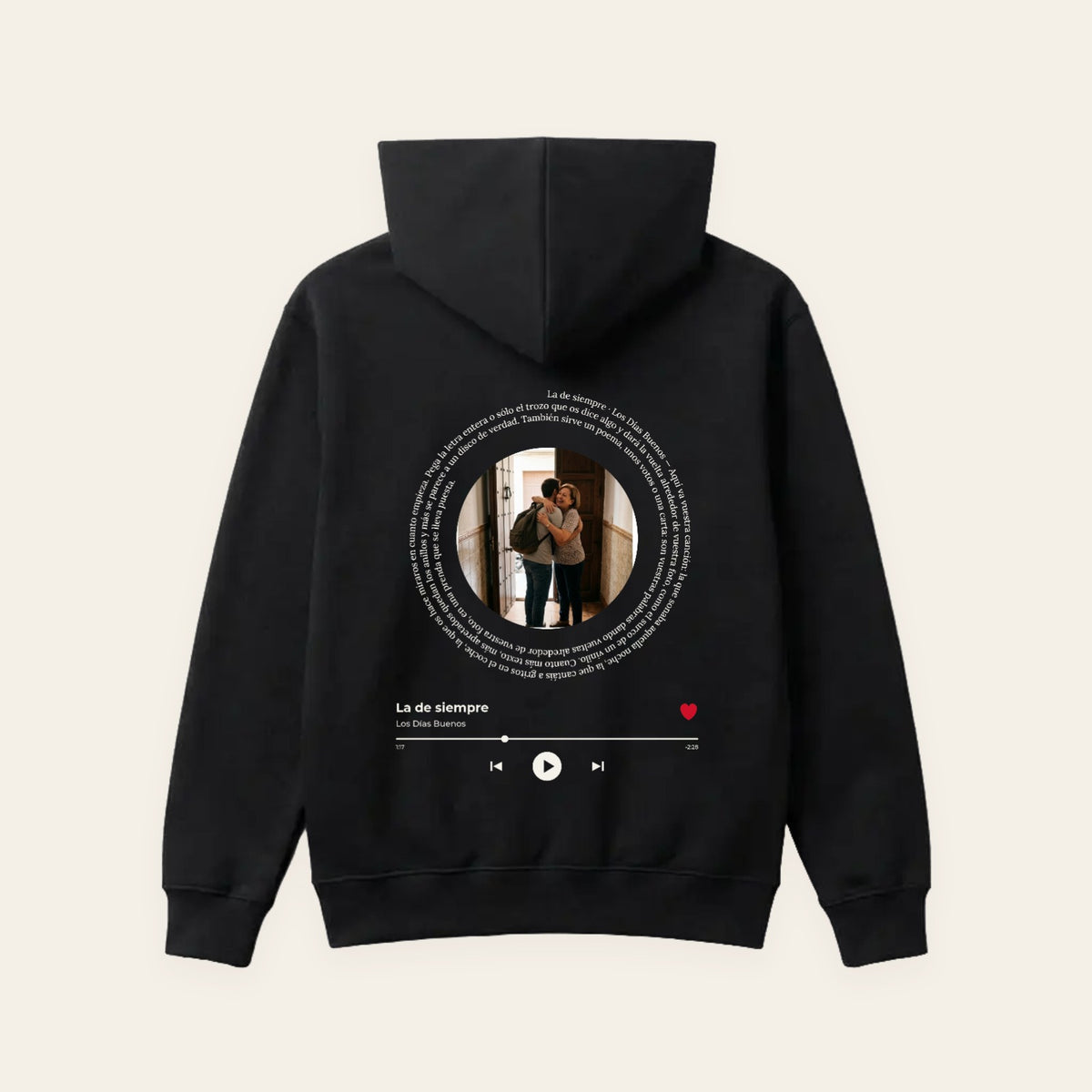 Sudadera con capucha negra personalizada con su foto, la letra de su canción en espiral y el reproductor, estampado en la espalda