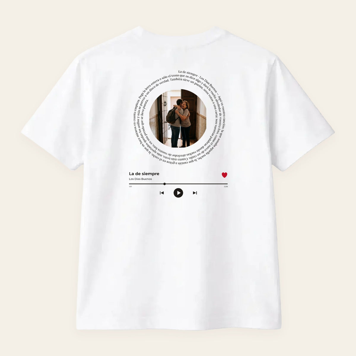 Camiseta blanca personalizada con vuestra canção, estampado en la espalda