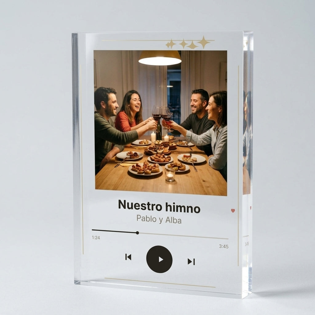 Bloque macizo de 2 cm de la placa de metacrilato personalizada con vuestra canción, visto de canto