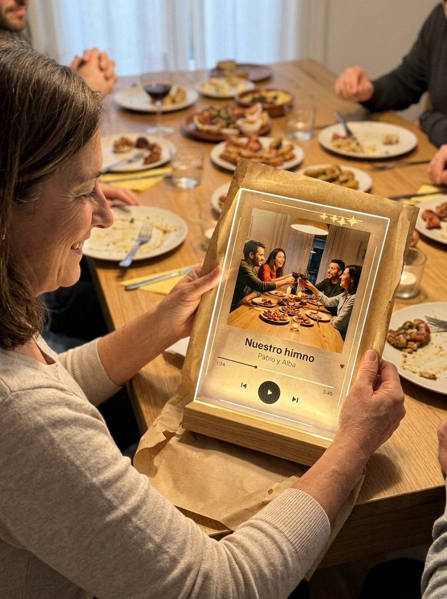 Abriendo el regalo de la placa de metacrilato personalizada con vuestra canción en una comida familiar