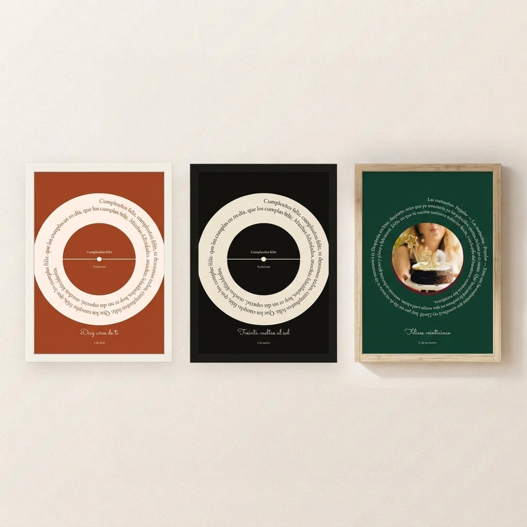Tres cuadros canción con marco blanco, negro y madera, en vinilo y con foto