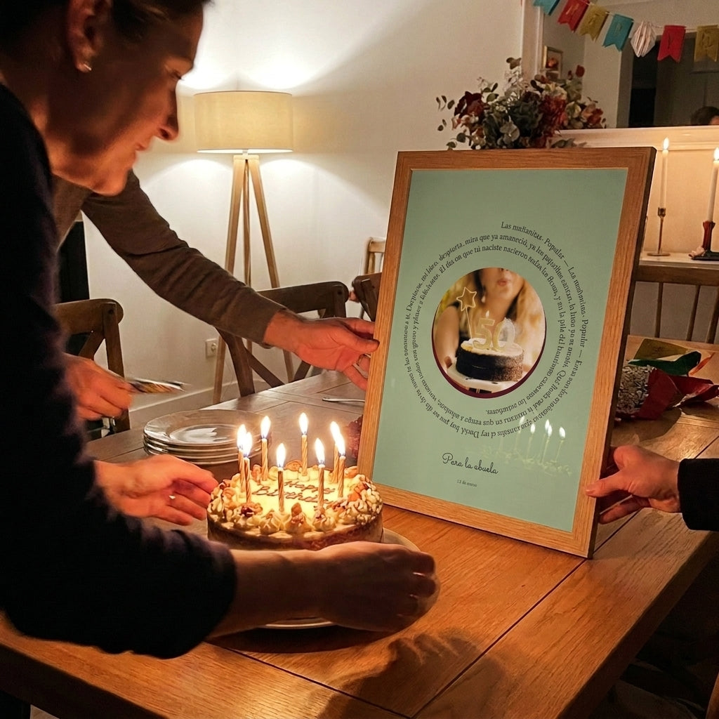 Cuadro canción Para la abuela junto a una tarta con velas