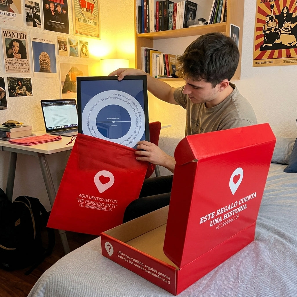 Desembalando el cuadro canción de su caja y bolsa de regalo