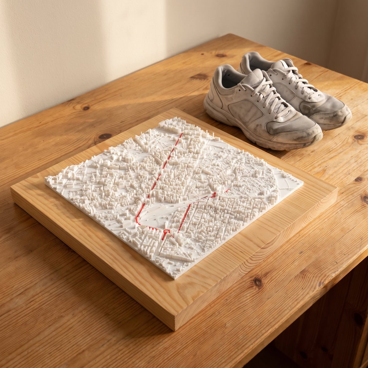 Mapa 3D de una carrera sobre una mesa de madera, junto a unas zapatillas de correr