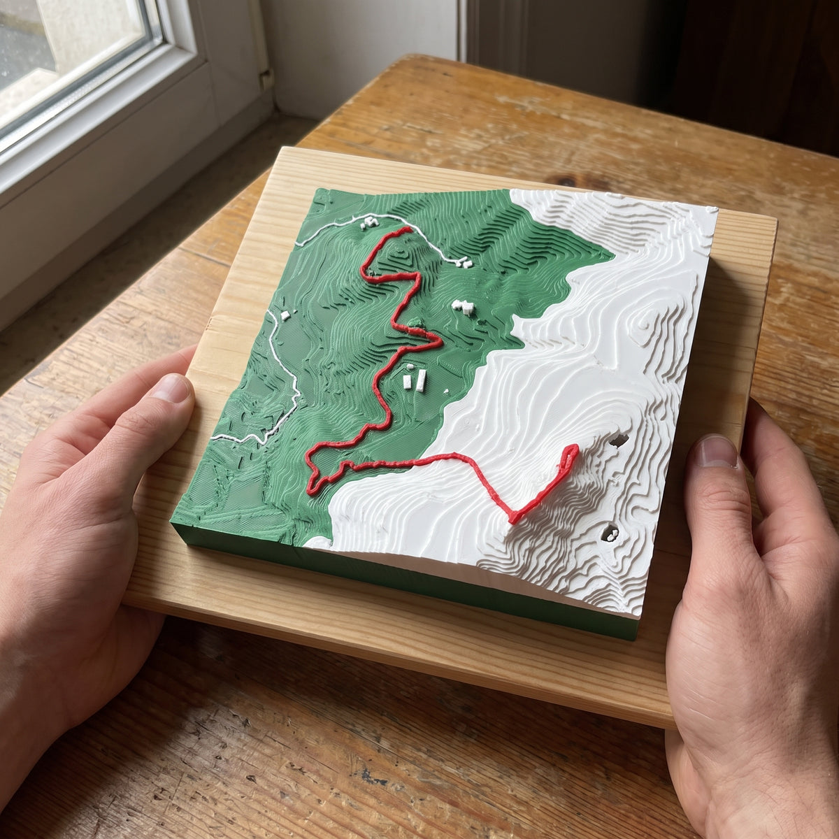 Dos manos sosteniendo el mapa 3D de un trail, con el recorrido en rojo sobre el relieve