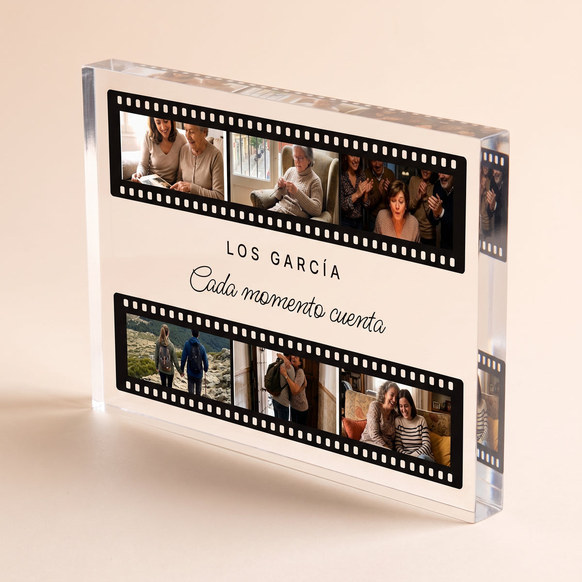 Versión en bloque macizo de 2 cm de la placa de metacrilato personalizada carrete de fotos, girada para ver el canto pulido