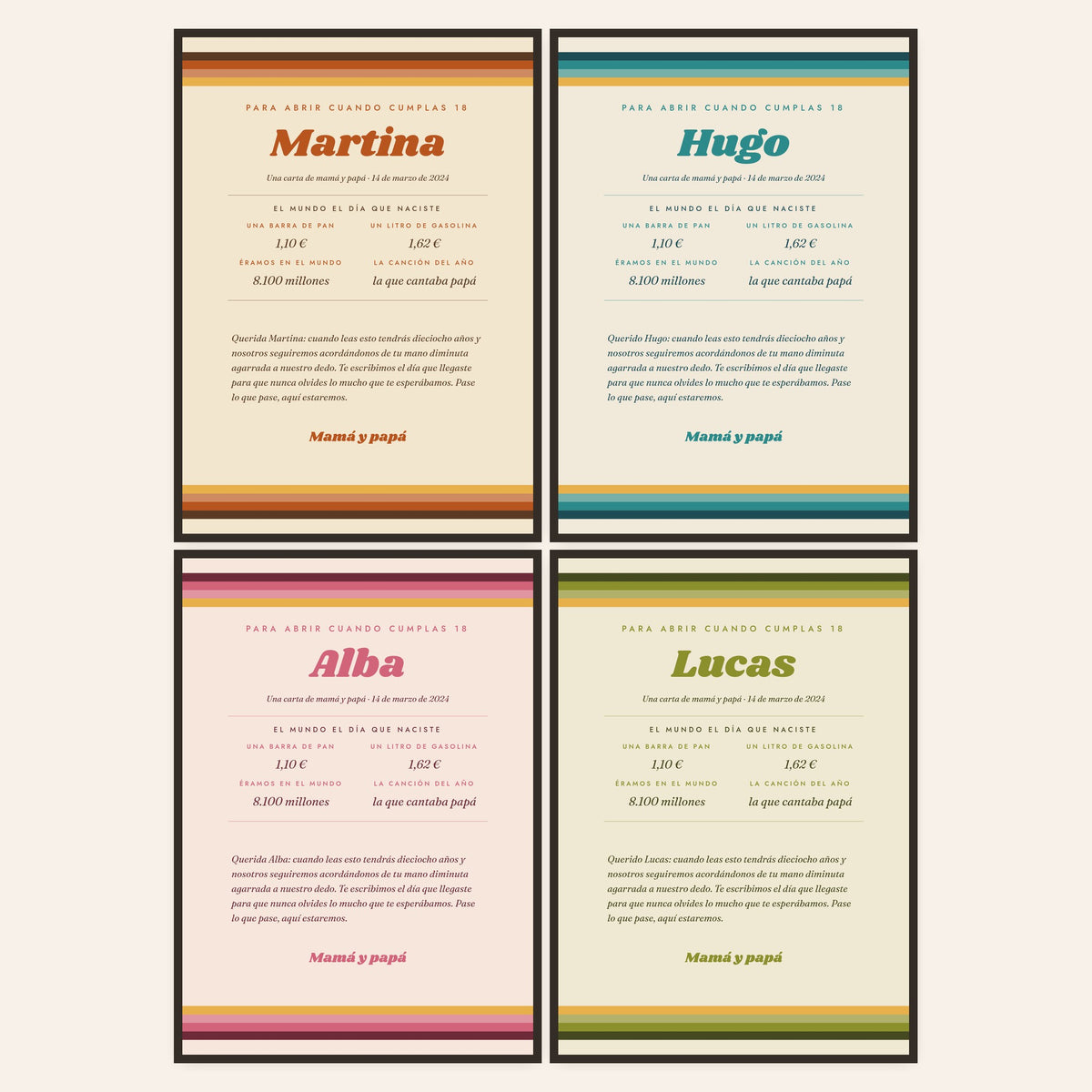 Carta cápsula del tiempo en sus colores: teja, mar, rosa y oliva