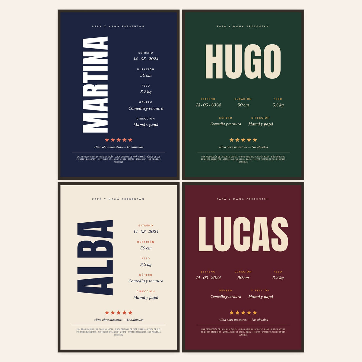 Cartel de cine del bebé en sus colores: azul noche, verde bosque, crema y burdeos