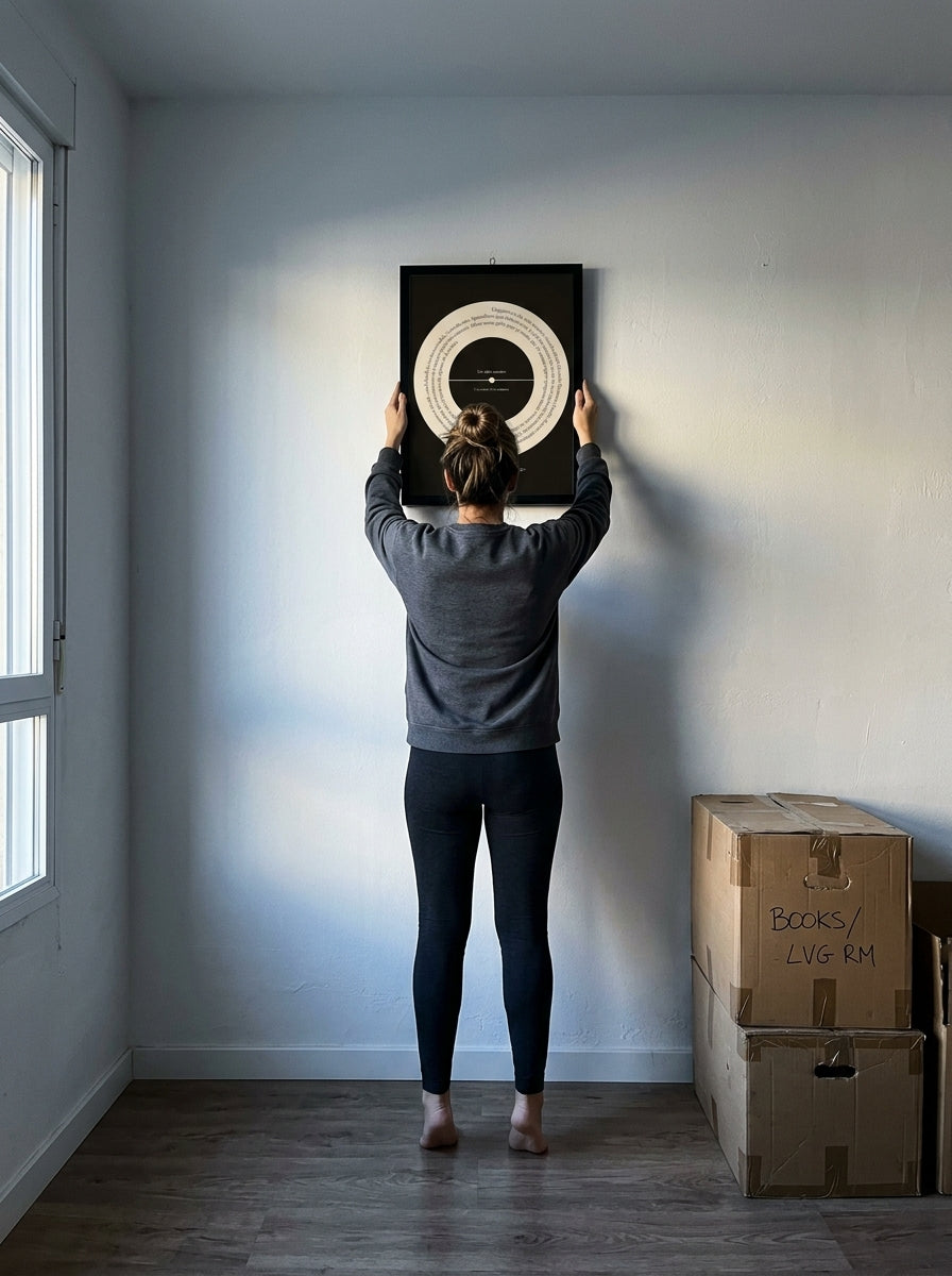 Colgando el cuadro canción personalizado de casa nueva en la pared de casa
