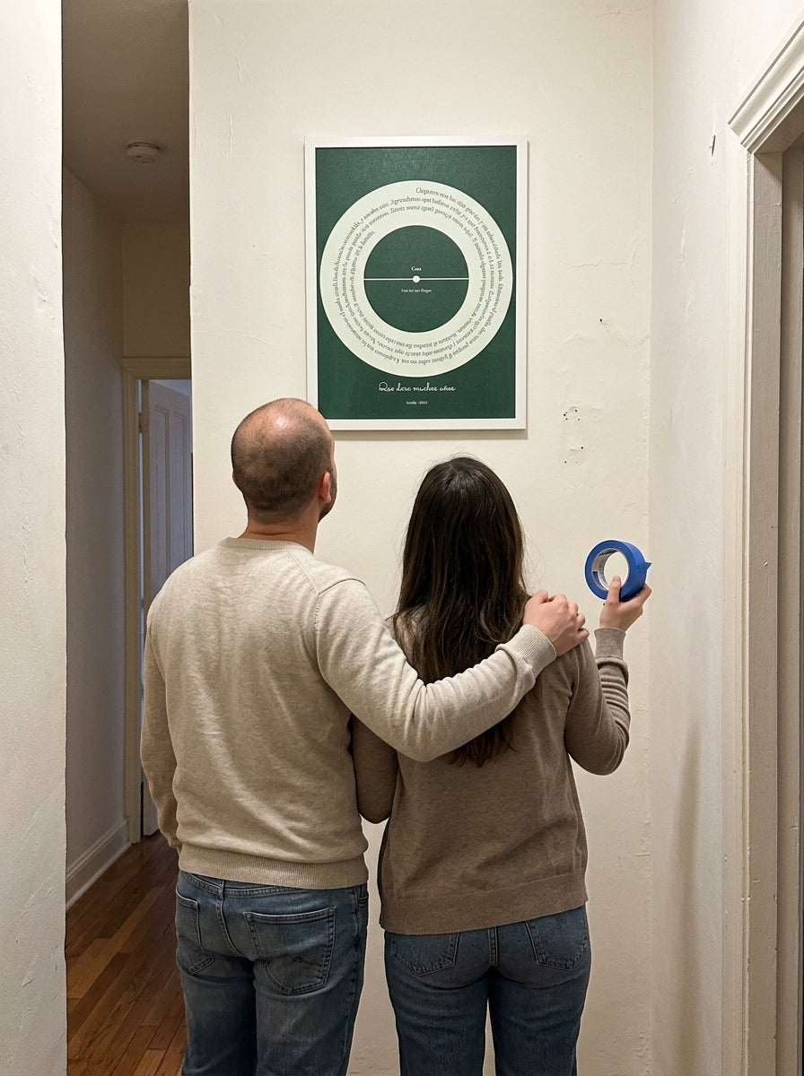 Una pareja que acaba de mudarse mirando el cuadro canción personalizado de casa nueva recién colgado