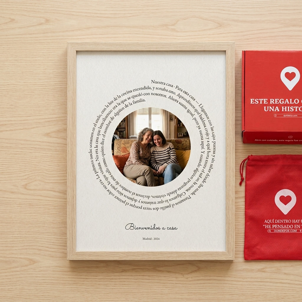 Cuadro canción personalizado de casa nueva junto a la caja y la bolsa de regalo de Donde Fue