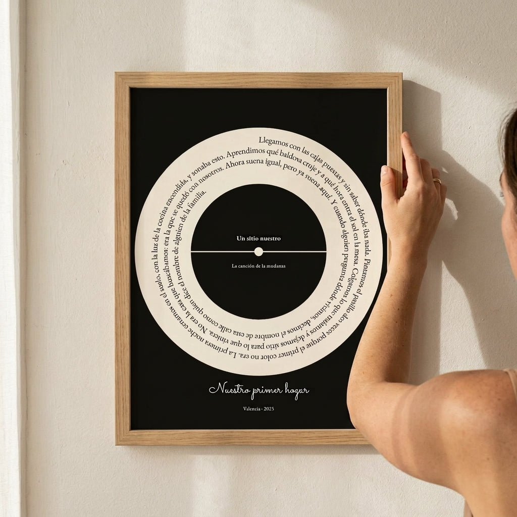 Enderezando el cuadro canción personalizado de casa nueva recién colgado en la pared