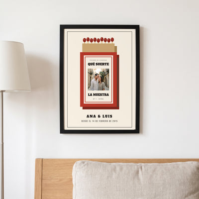 Quadro «Que sorte a nossa» personalizado, caixa de fósforos com a vossa foto
