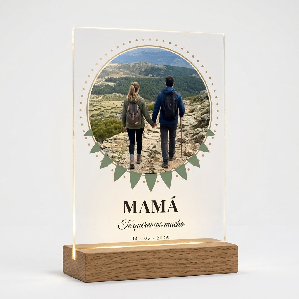 Placa de metacrilato personalizada con una foto circular sobre su base de luz, foto de estudio sobre fondo neutro
