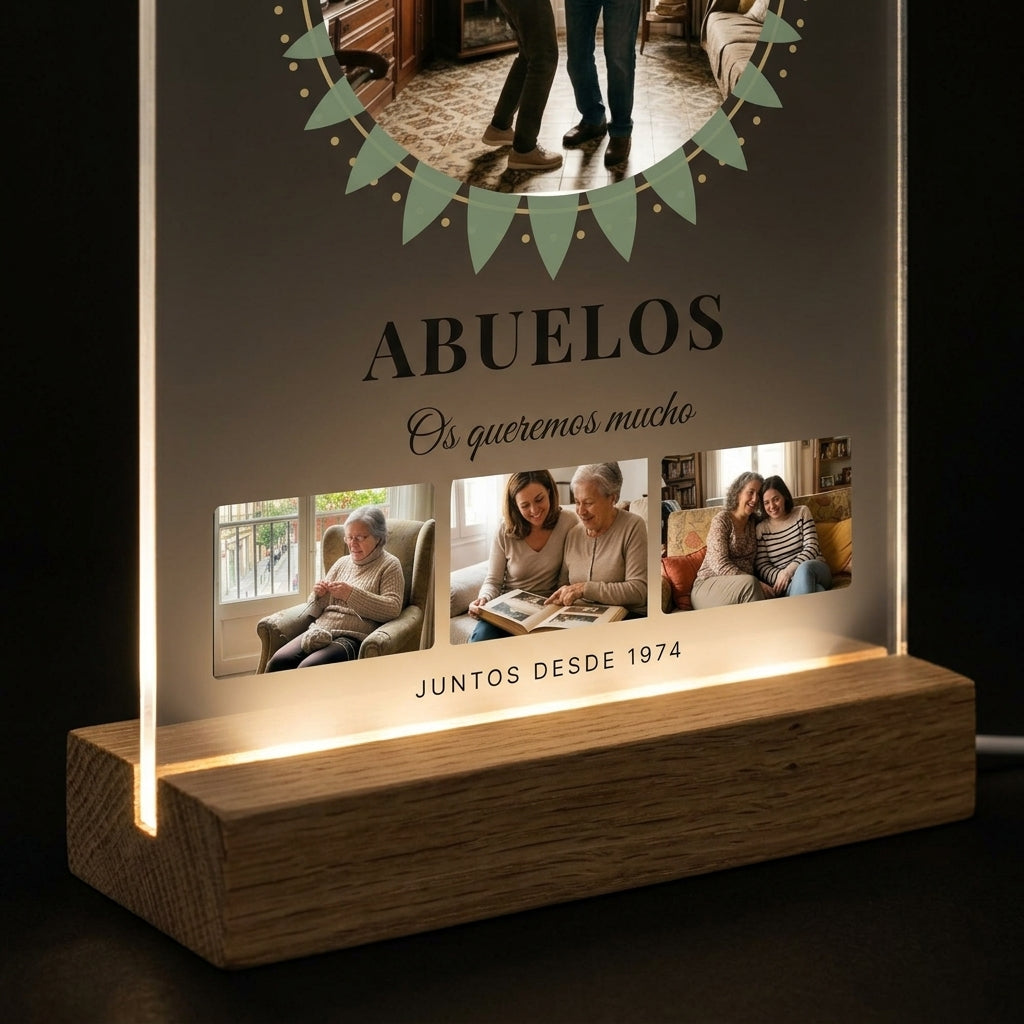 Detalle de la base de madera con luz LED de la placa de metacrilato personalizada con una foto circular