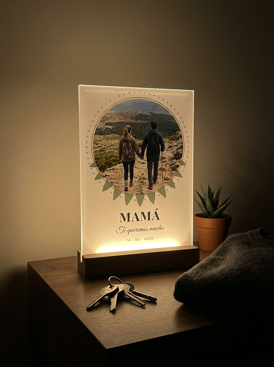 Placa de metacrilato personalizada con una foto circular encendida de noche sobre una cómoda