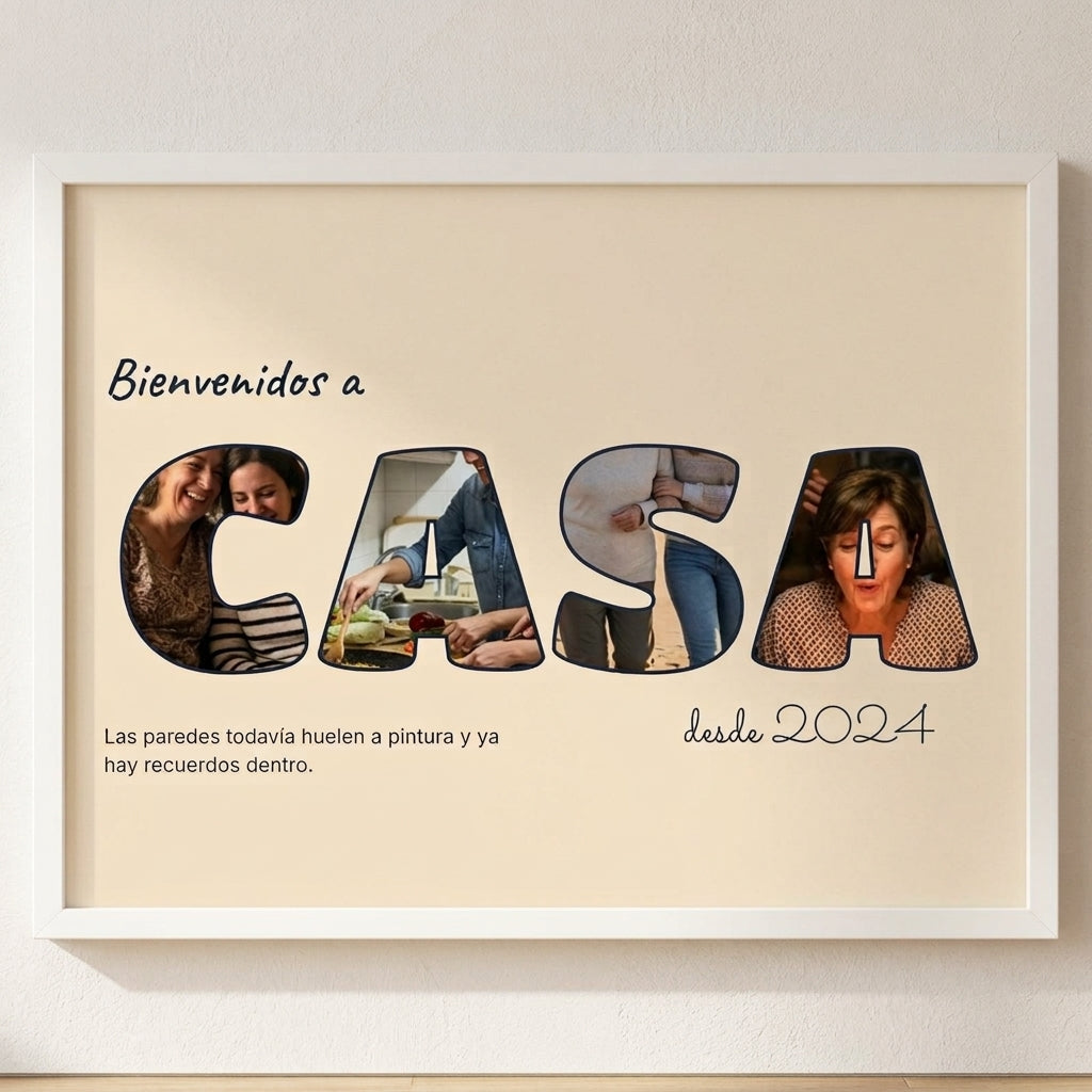 Cuadro letras con fotos personalizado de casa nueva con una foto dentro de cada letra de CASA, colgado en una pared clara