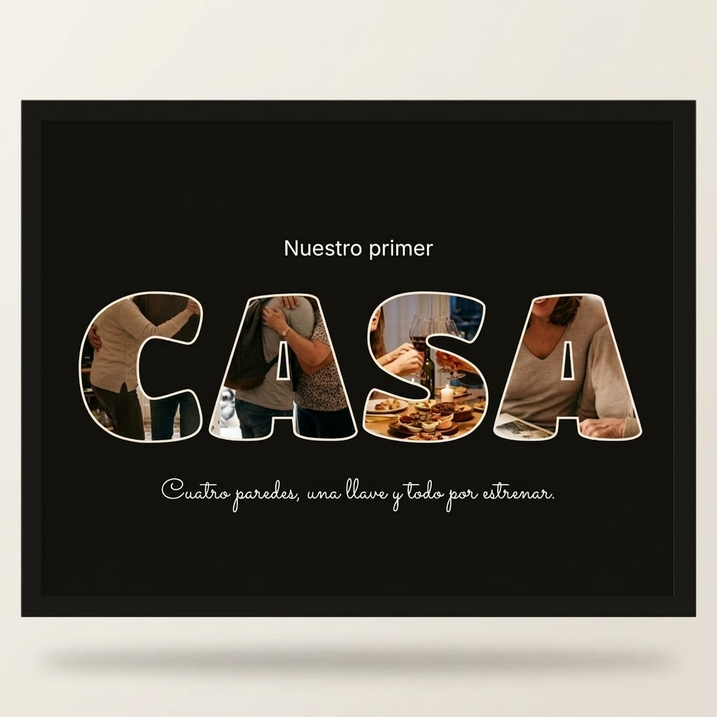 Cuadro letras con fotos personalizado de casa nueva con marco negro, foto de estudio sobre fondo neutro