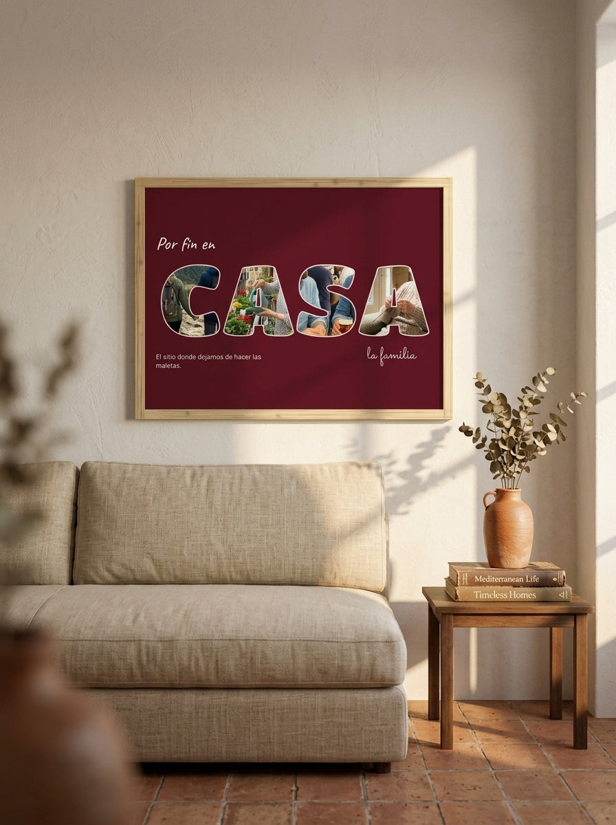 Cuadro letras con fotos personalizado de casa nueva colgado sobre un sofá de lino en un salón cálido