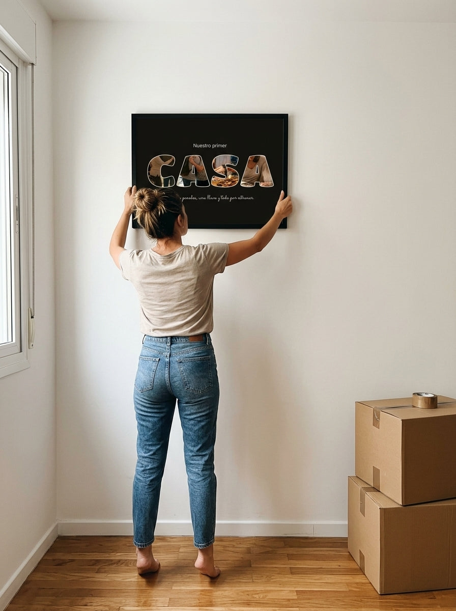 Colgando el cuadro letras con fotos personalizado de casa nueva en la pared de casa