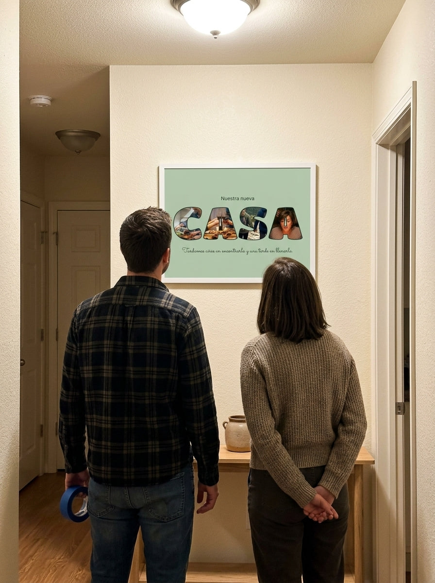 Una pareja que acaba de mudarse mirando el cuadro letras con fotos personalizado de casa nueva recién colgado
