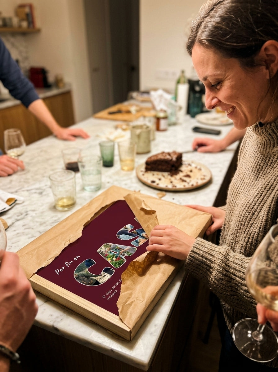 Abriendo el regalo del cuadro letras con fotos personalizado de casa nueva en una comida familiar