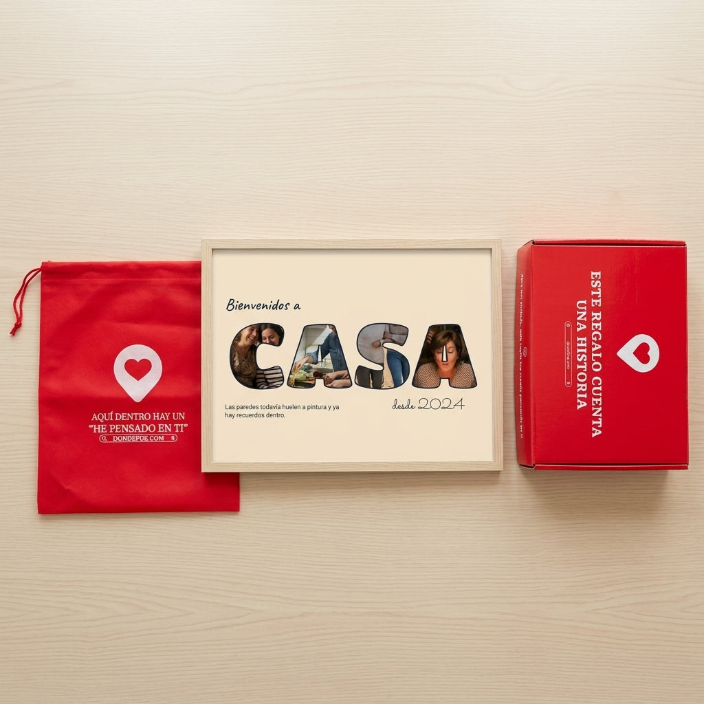 Cuadro letras con fotos personalizado de casa nueva junto a la caja y la bolsa de regalo de Donde Fue