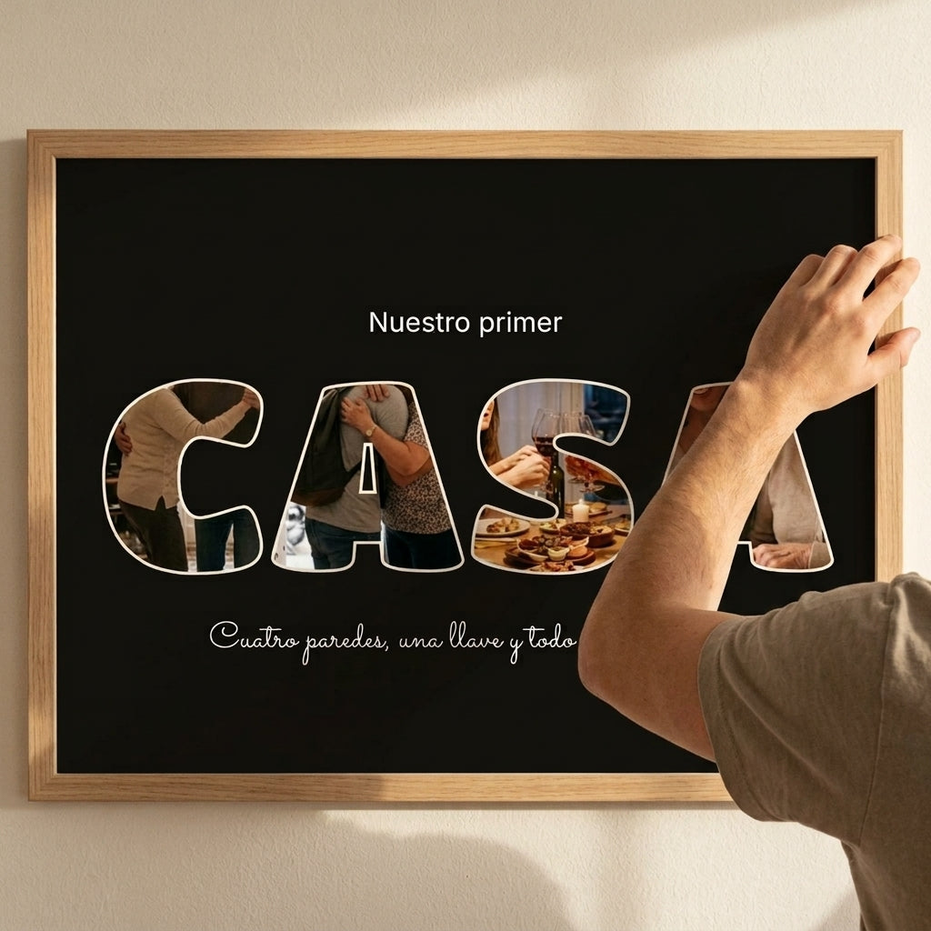 Enderezando el cuadro letras con fotos personalizado de casa nueva recién colgado en la pared