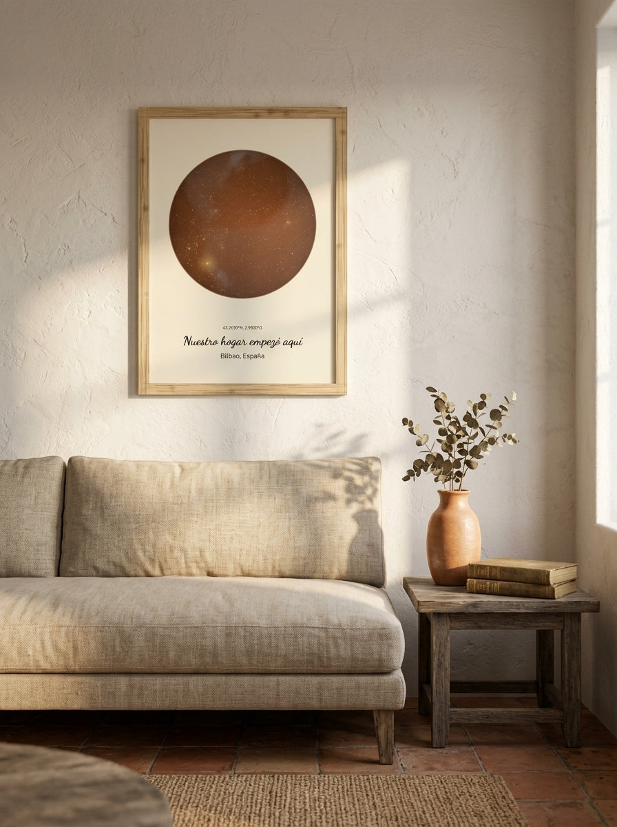 Cuadro mapa estelar personalizado de casa nueva colgado sobre un sofá de lino en un salón cálido
