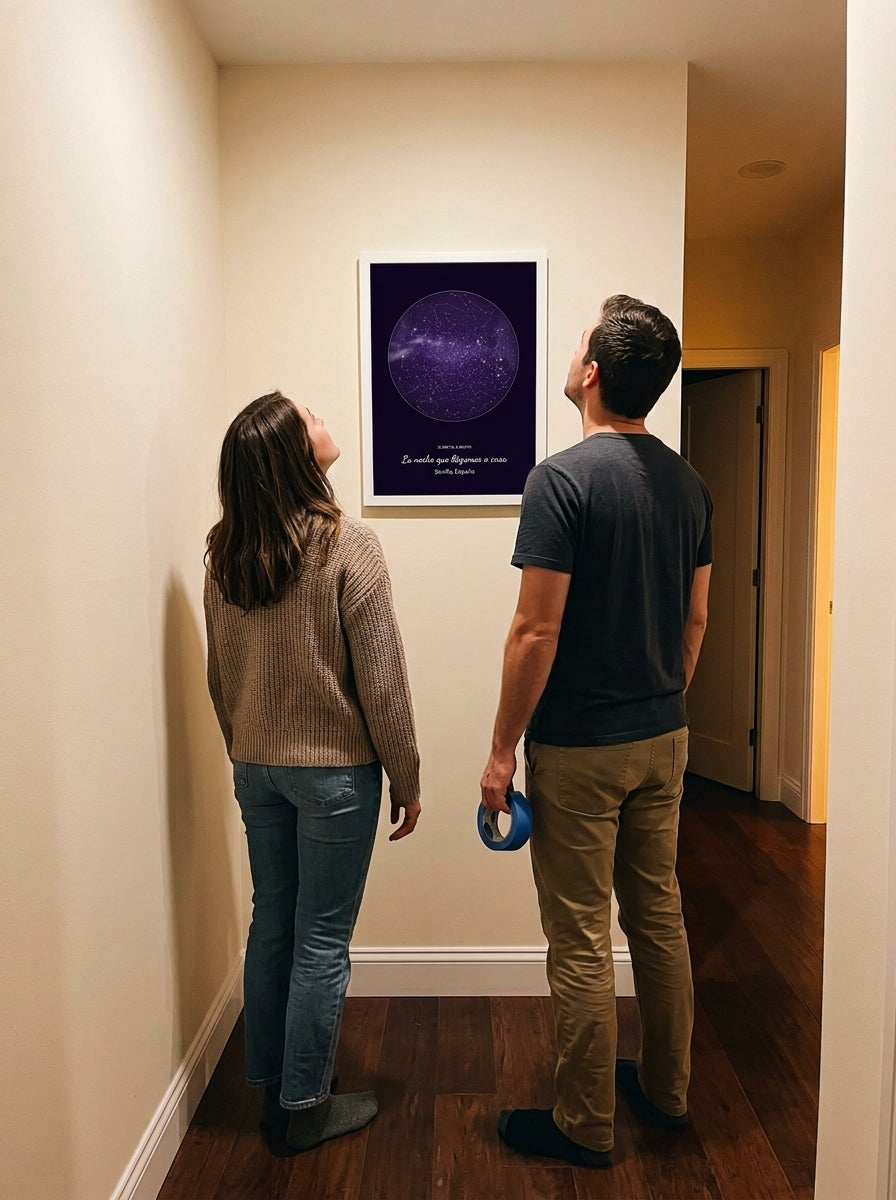 Una pareja que acaba de mudarse mirando el cuadro mapa estelar personalizado de casa nueva recién colgado