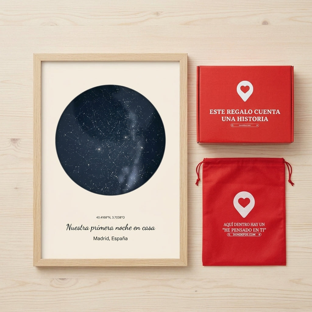 Cuadro mapa estelar personalizado de casa nueva junto a la caja y la bolsa de regalo de Donde Fue