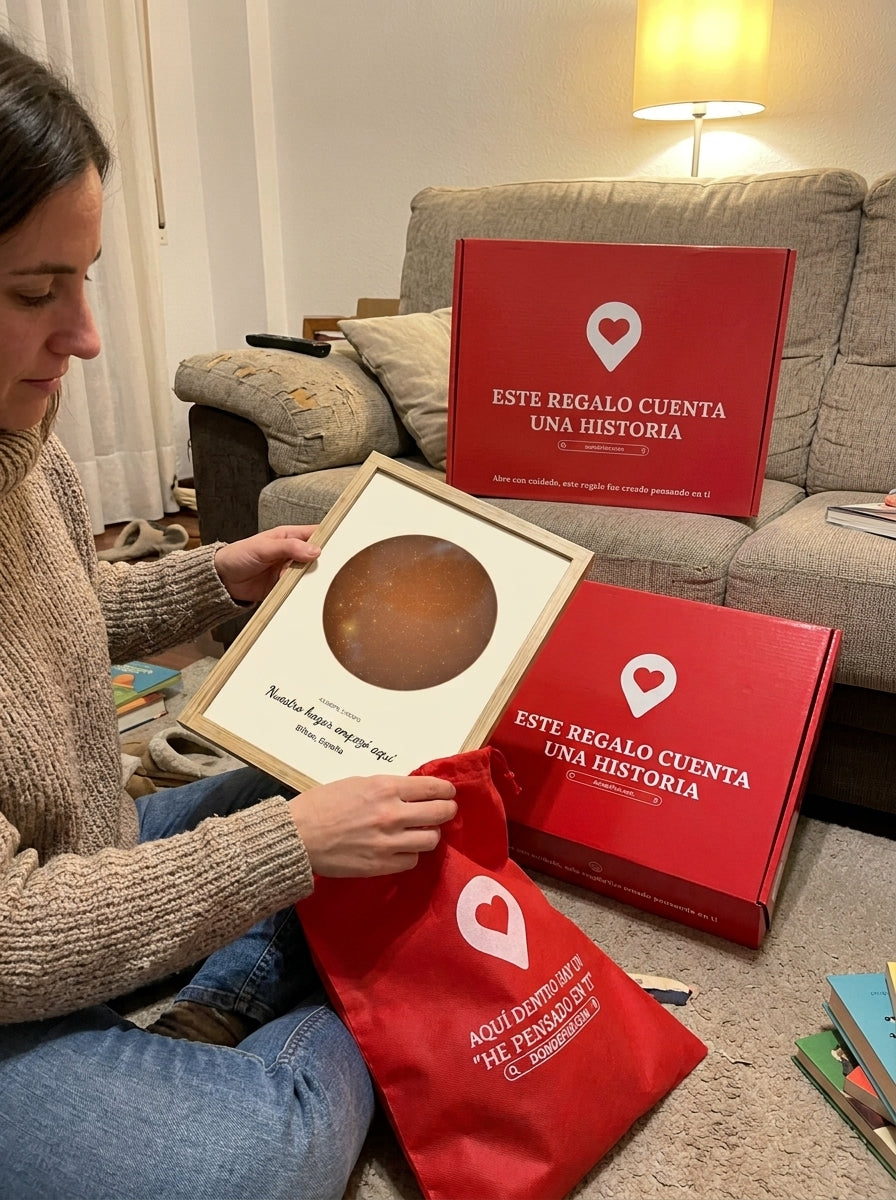 Sacando el cuadro mapa estelar personalizado de casa nueva de la bolsa de regalo, con la caja abierta al lado