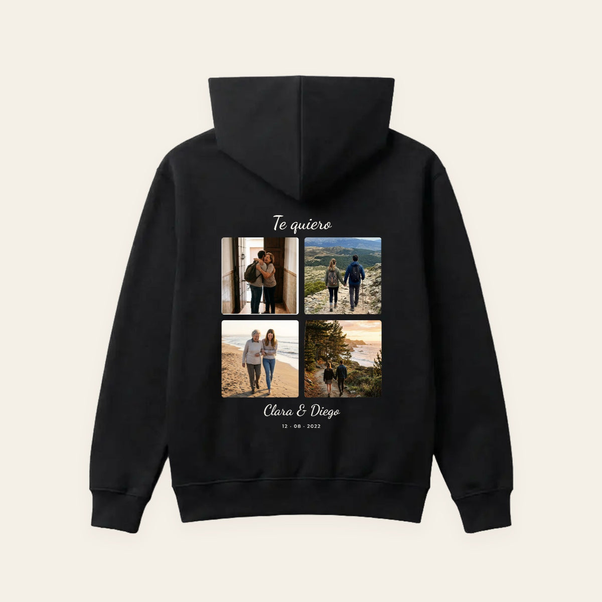 Sudadera con capucha negra personalizada con un collage de cuatro fotos, «Te quiero» y los nombres Clara & Diego, estampado en la espalda