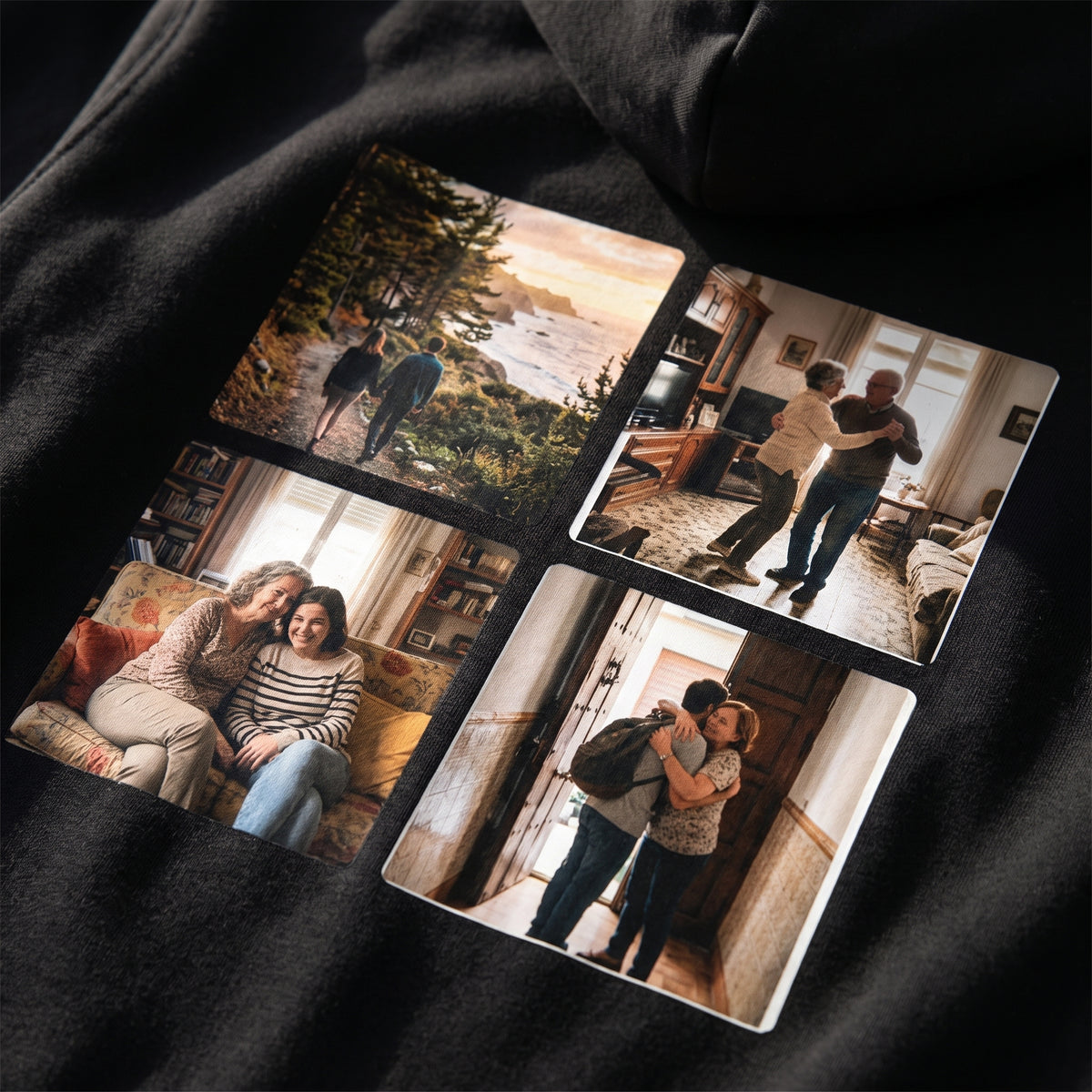 Detalle del estampado DTF de un collage de cuatro fotos, «Te quiero» y los nombres Irene & Dani sobre el tejido de una sudadera con capucha negra