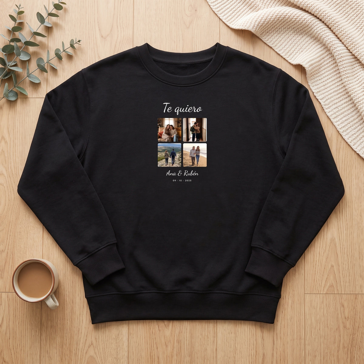 Sudadera negra personalizada con un collage de cuatro fotos, «Te quiero» y los nombres Ana & Rubén, vista de plano