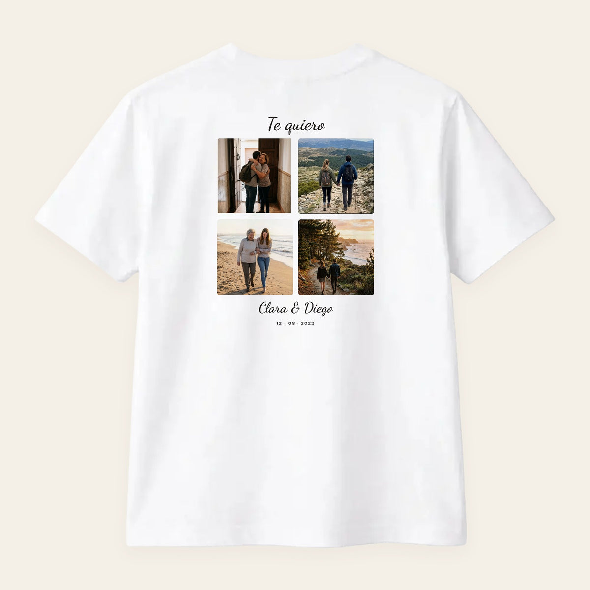 Camiseta blanca personalizada con un collage con vuestras fotos, estampado en la espalda