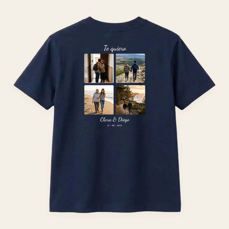 Camiseta azul marino personalizada con un collage con vuestras fotos, estampado en la espalda