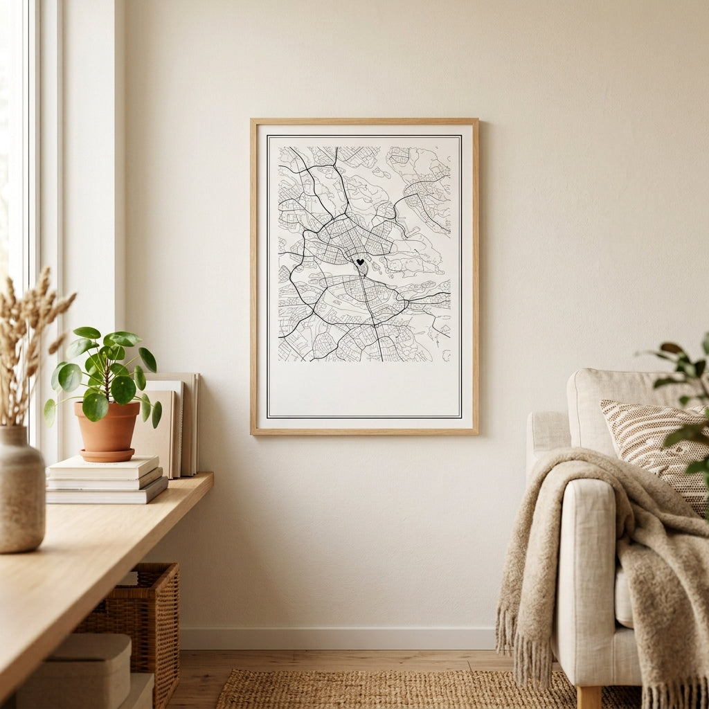 Cuadro mapa personalizado colgado recto en la pared de un salón, sin taladro