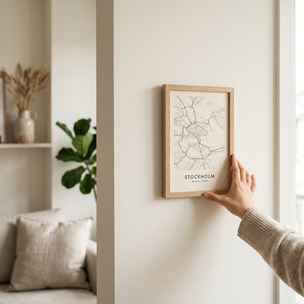 Cuadro mapa personalizado colgado en la pared con colgador magnético, sin taladro