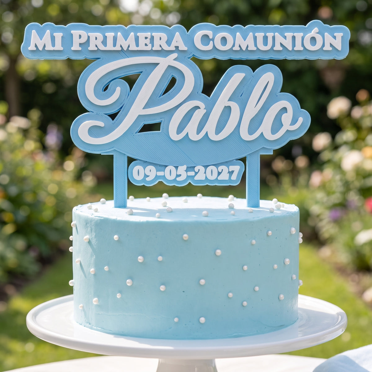 Cake topper de Primera Comunión personalizado con el nombre Pablo en otros colores, impreso en 3D