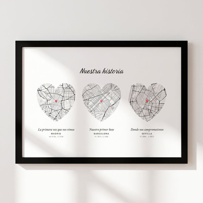 Cuadro 3 lugares apaisado: tres mapas en forma de corazón de Madrid, Barcelona y Sevilla con los momentos de la pareja, marco negro