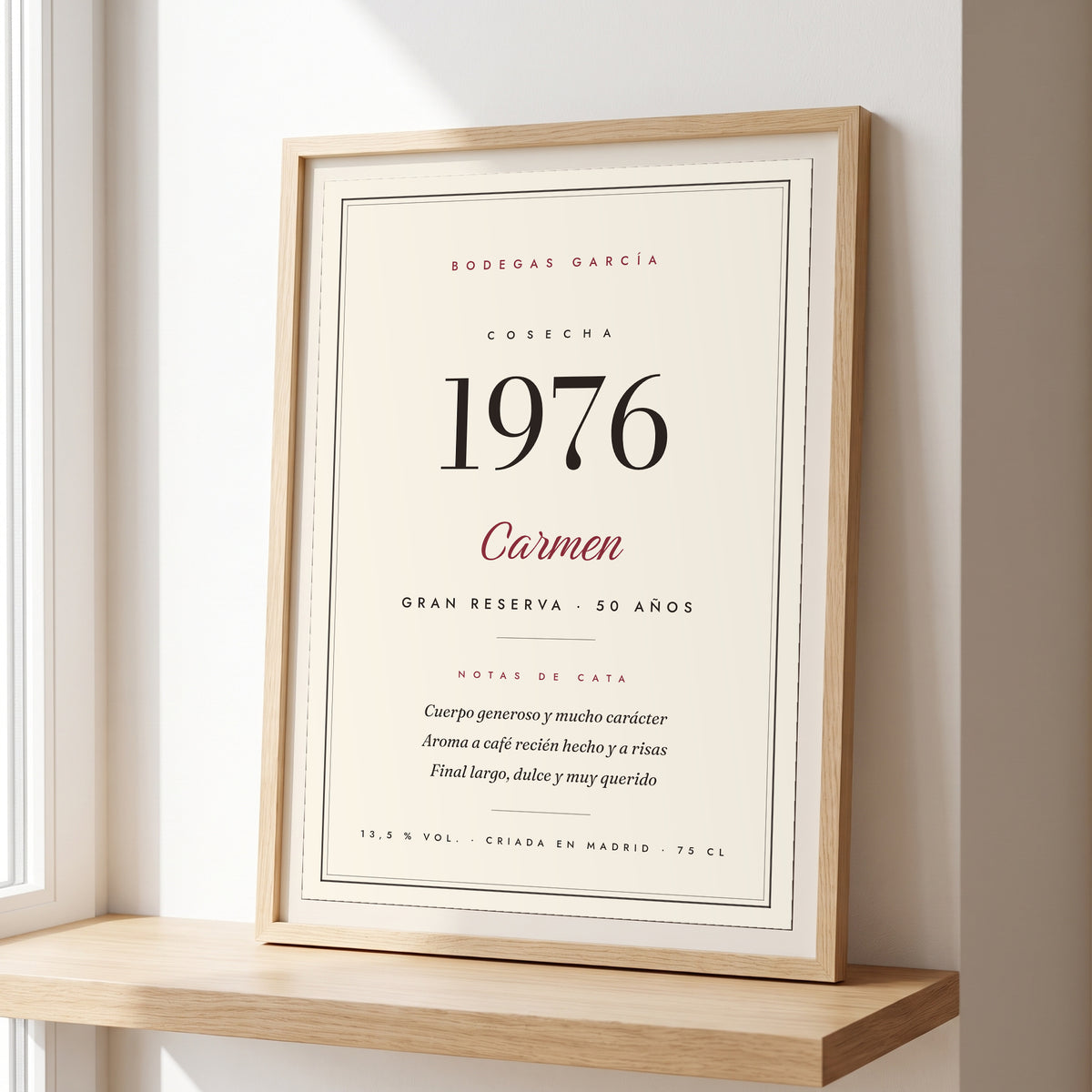 Cuadro «Añada» personalizado, etiqueta de vino con el año 1976 y el nombre Carmen, detalle del papel mate y las notas de cata