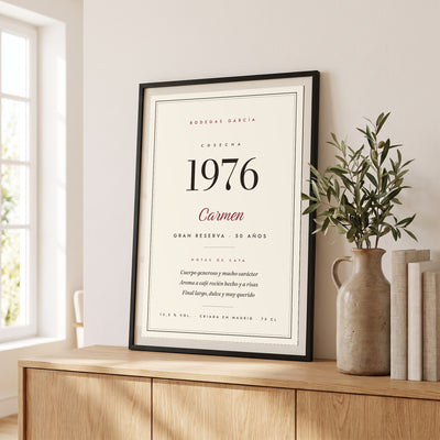 Quadro «Colheita» personalizado, rótulo de vinho com o ano e o nome
