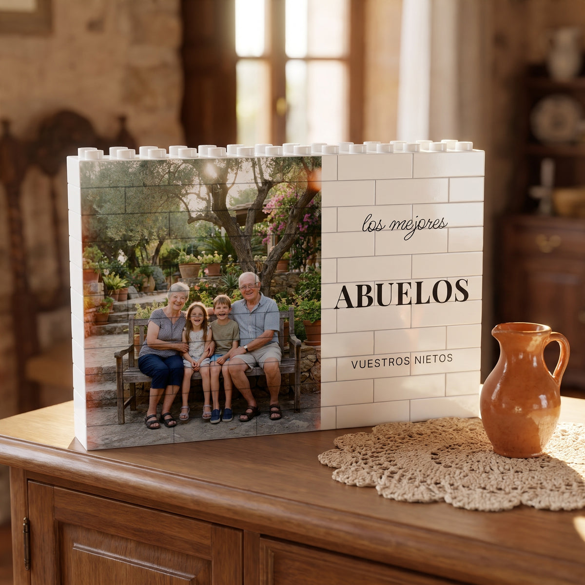 Cuadro de bloques para abuelos con foto, sobre un mueble