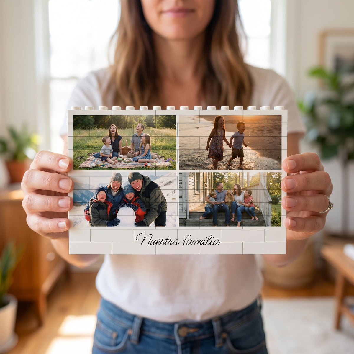 Cuadro de bloques con cuatro fotos, en la mano
